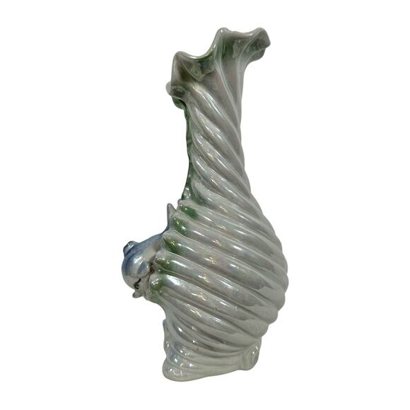VTG Ceramic Iridescent Blue Sea Ocean Wave 2 Dolphins Scallop Shell Bud Vase - Picture 2 of 11